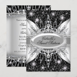 Black & Silver Sparkle Diamond Sweet 16 Invite