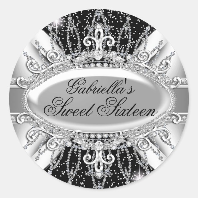 Black & Silver Sparkle Diamond Sweet 16 Sticker (Front)