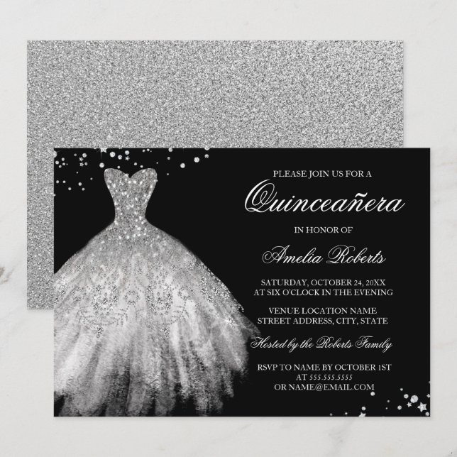 Black Silver Sparkle Dress Quinceanera Invitation (Front/Back)