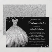 Black Silver Sparkle Dress Quinceanera Invitation