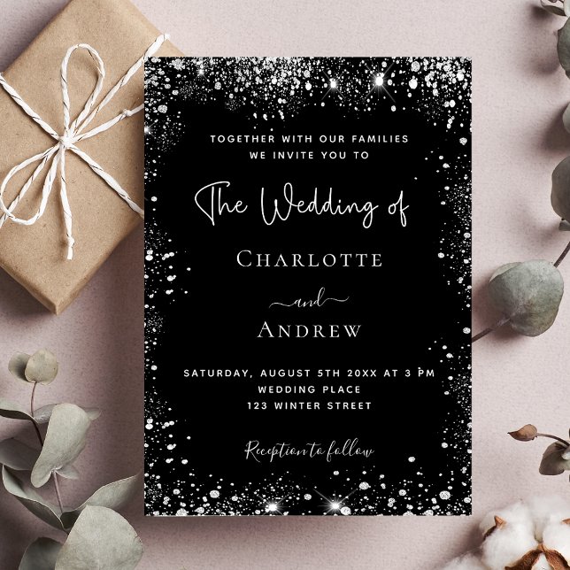 Black silver sparkle elegant luxury wedding invitation (Creator Uploaded)
