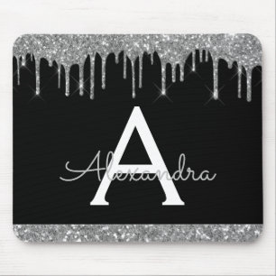 Black Silver Sparkle Glitter Chic Monogram Mouse Mat