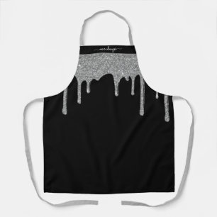 Black Silver Sparkle Glitter Drips Personalised Apron