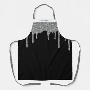 Black Silver Sparkle Glitter Drips Personalised Apron