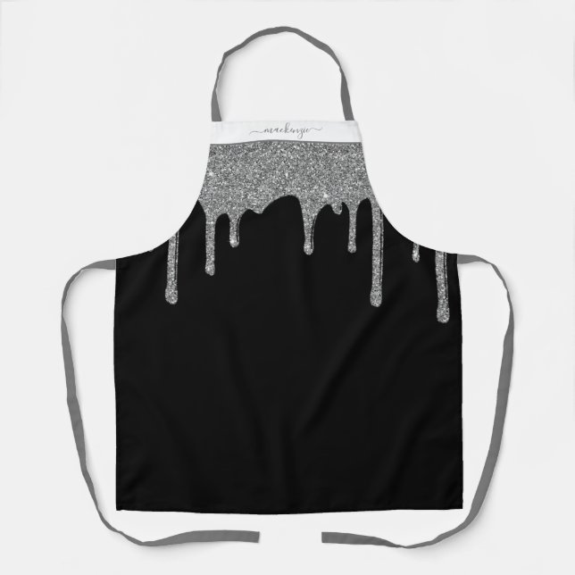 Black Silver Sparkle Glitter Drips Personalised Apron (Front)