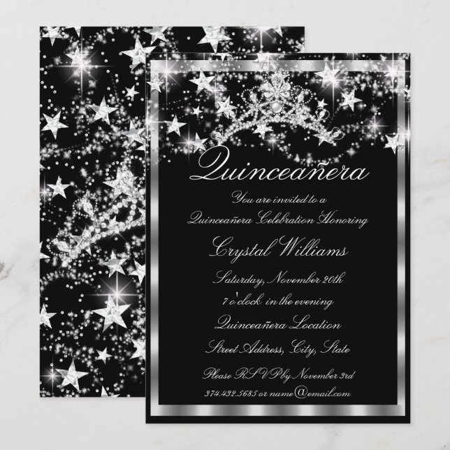 Black Silver Sparkle Tiara Stars Quinceanera Invitation (Front/Back)