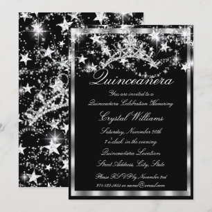 Black Silver Sparkle Tiara Stars Quinceanera Invitation