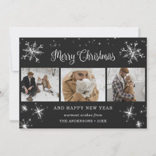 Black Silver Sparkly Snowflake Photo Collage Holiday Card