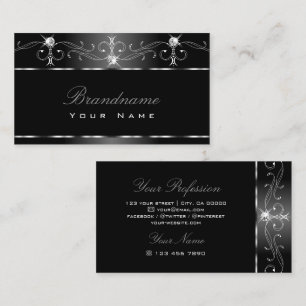 Black Silver Squiggles Sparkling Diamonds Ornate Business Card