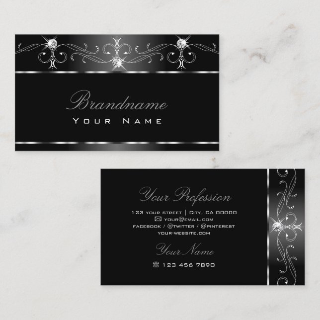 Black Silver Squiggles Sparkling Diamonds Ornate Business Card (Front/Back)