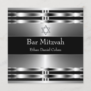Black Silver Star of David Bar Mitzvah Invitation