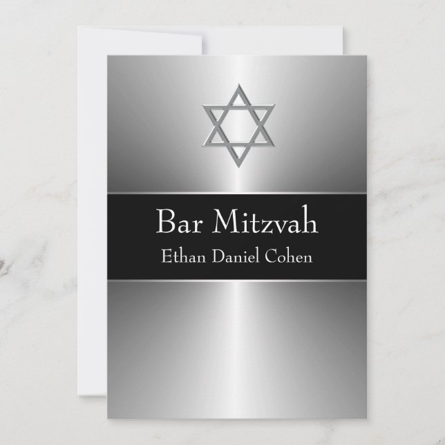 Black Silver Star of David  Bar Mitzvah Invitation (Front)