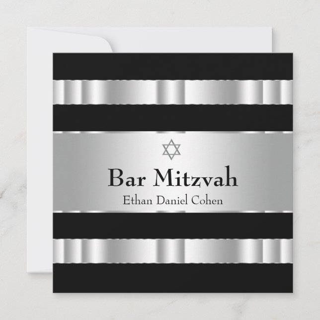 Black Silver Star of David Bar Mitzvah Invitation (Front)