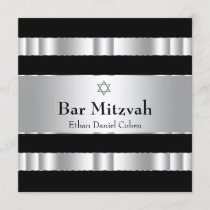 Black Silver Star of David Bar Mitzvah Invitation
