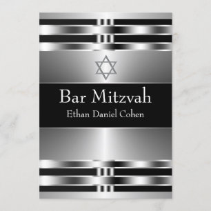 Black Silver Star of David Bar Mitzvah Invitation