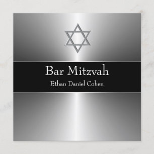 Black Silver Star of David Bar Mitzvah Invitation