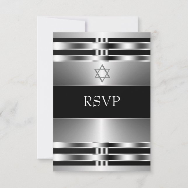 Black Silver Star of David Bar Mitzvah RSVP (Front)