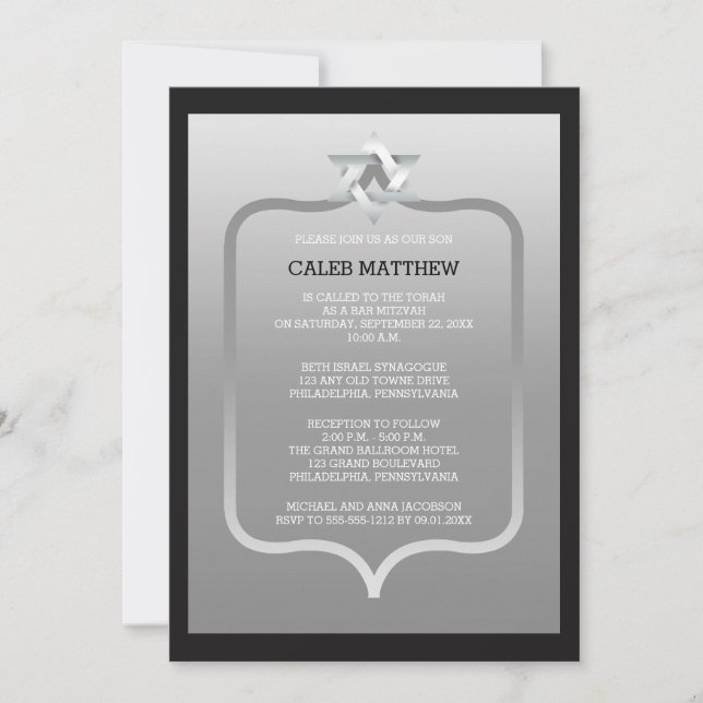 Black | Silver Star of David Brackets Bar Mitzvah Invitation (Front)