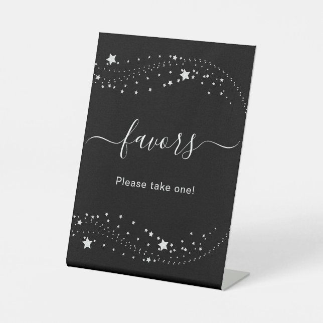 Black silver stars elegant guest party favours pedestal sign (Front)