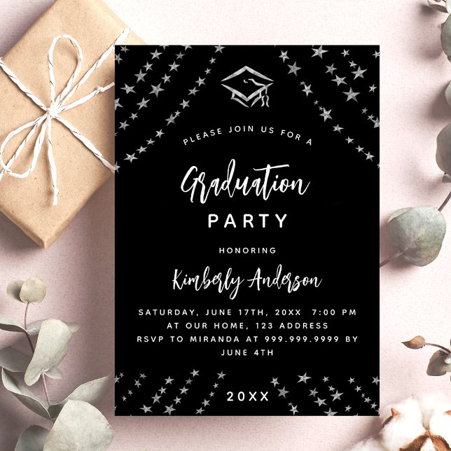 Black silver stars graduation party modern invitation postcard (Creator Uploaded)