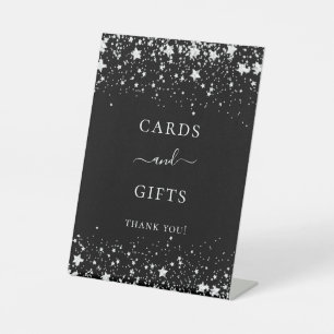 Black silver stars guest party cards gifts pedestal sign