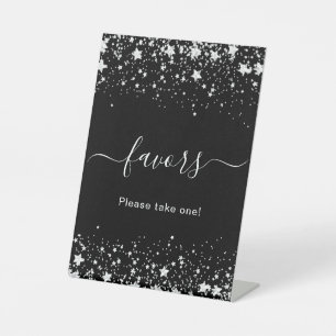 Black silver stars guest party favours pedestal sign