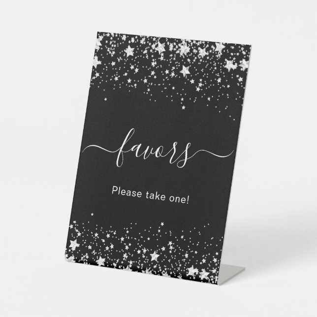 Black silver stars guest party favours pedestal sign (Front)