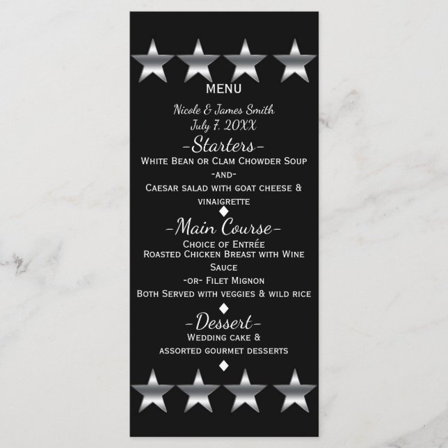 Black & Silver Stars Hollywood Glam Party Menu (Front)