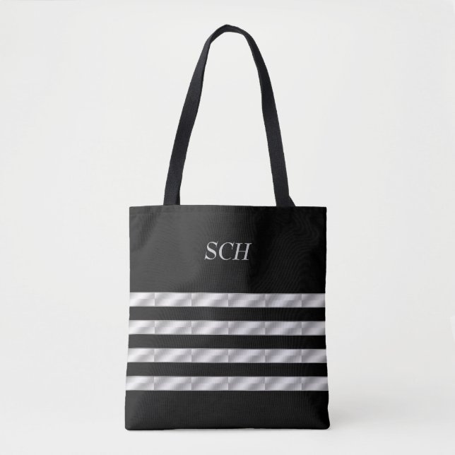 Black, Silver, Striped  Tote Bag (Front)