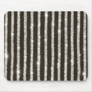 Black Silver Stripes Glitzy Glitter Mouse Mat
