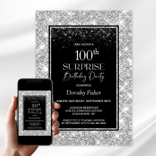 Black Silver Surprise 100th Birthday Party Invitation