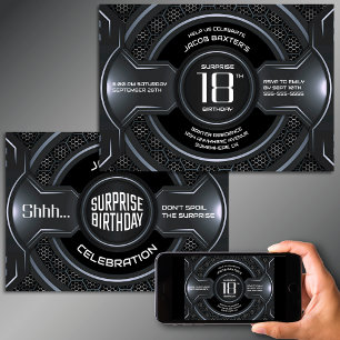 Black Silver Surprise 18th Birthday Party Invitation