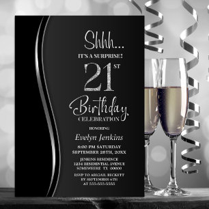 Black Silver Surprise 21st Birthday Invitation