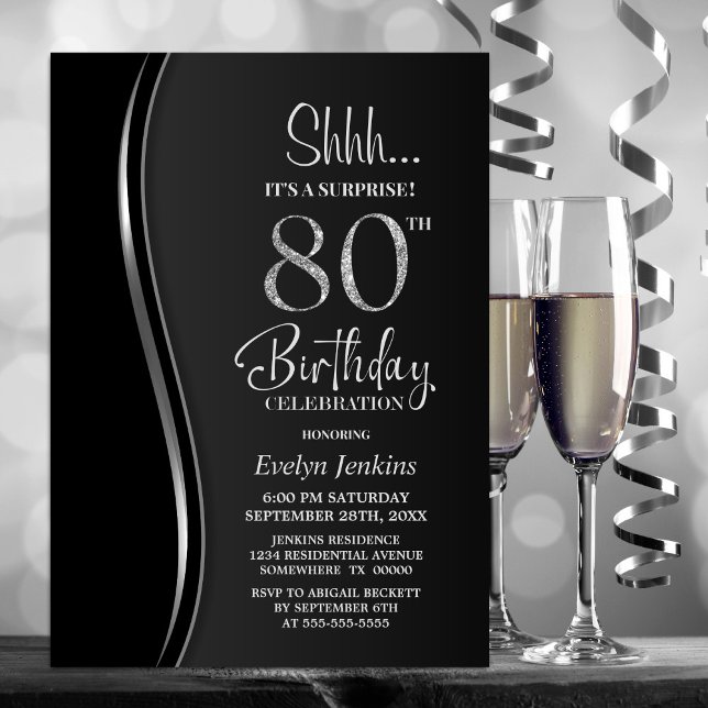 Black Silver Surprise 80th Birthday Invitation (Creator Uploaded)