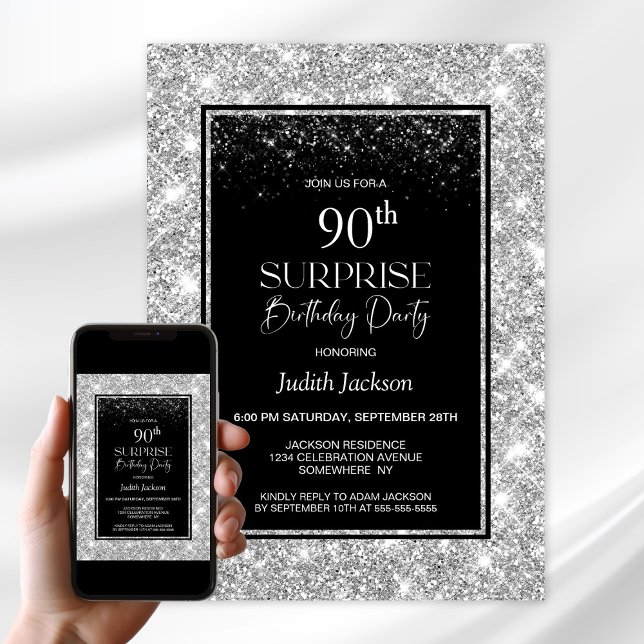 Black Silver Surprise 90th Birthday Party Invitation (Creator Uploaded)