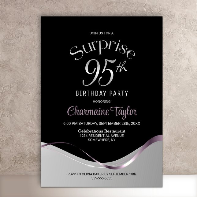 Black Silver Surprise 95th Birthday Party Invitation (Creator Uploaded)