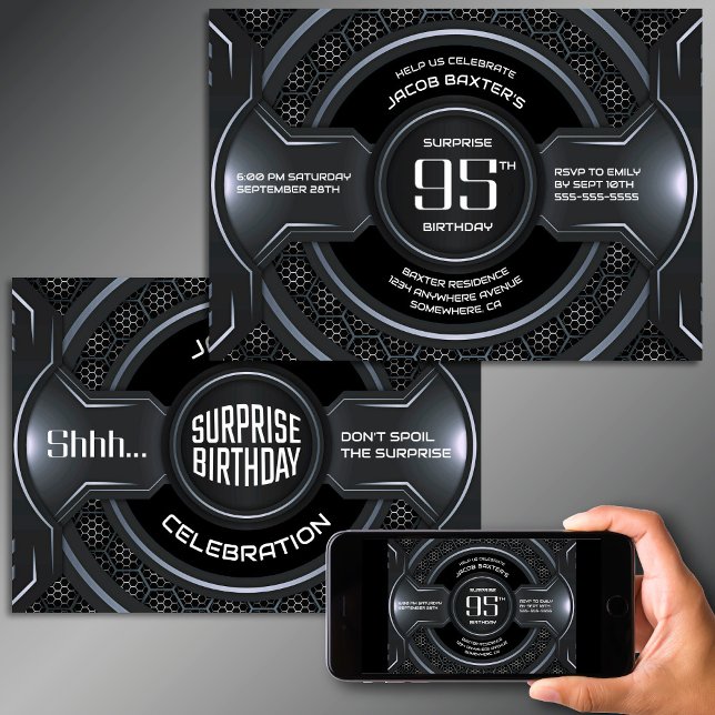 Black Silver Surprise 95th Birthday Party Invitation (Creator Uploaded)