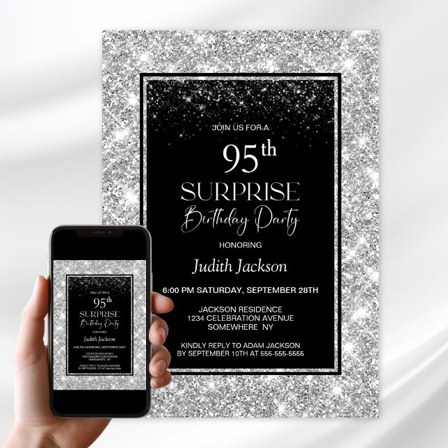 Black Silver Surprise 95th Birthday Party Invitation (Creator Uploaded)