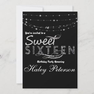 Black Silver Sweet 16 Glitter Glam Party Invite