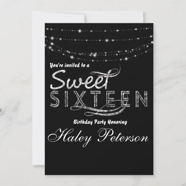 Black Silver Sweet 16 Glitter Glam Party Invite (Front)
