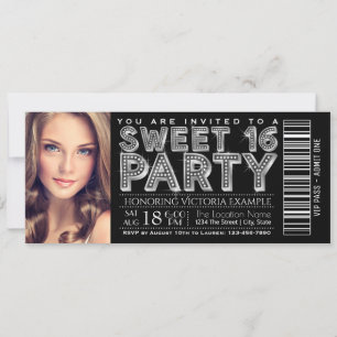 Black Silver Sweet 16 Ticket Invitation