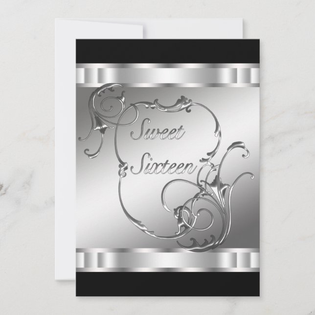 Black Silver Sweet Sixteen Birthday Party Invitation (Front)
