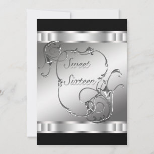 Black Silver Sweet Sixteen Birthday Party Invitation