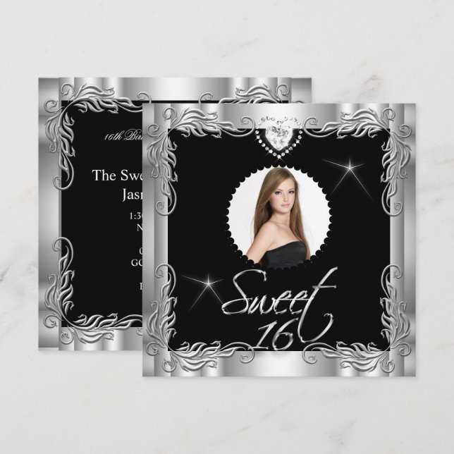 Black Silver Sweet Sixteen Sweet 16 Photo Invitation (Front/Back)