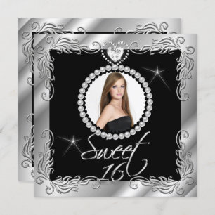 Black Silver Sweet Sixteen Sweet 16 Photo Invitation