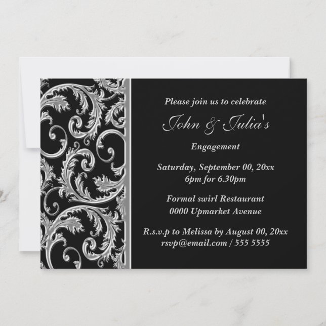 Black silver swirl engagement anniversary CUSTOM Invitation (Front)