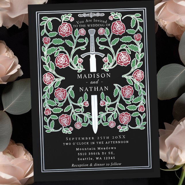 Black Silver Sword Floral Medieval Fantasy Wedding Invitation (Creator Uploaded)