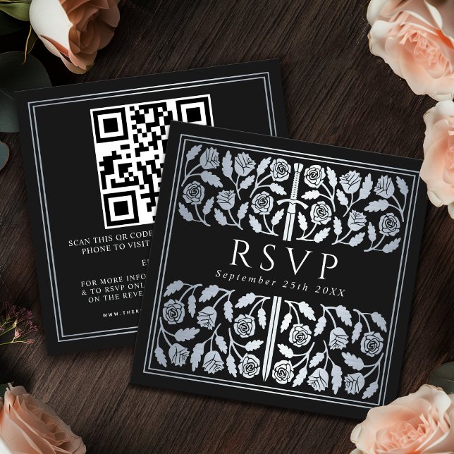 Black Silver Sword Royal Wedding RSVP QR Code Enclosure Card (Creator Uploaded)