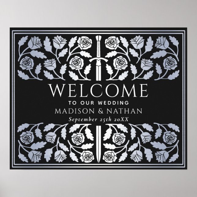 Black Silver Sword Royal Wedding Welcome Sign (Front)