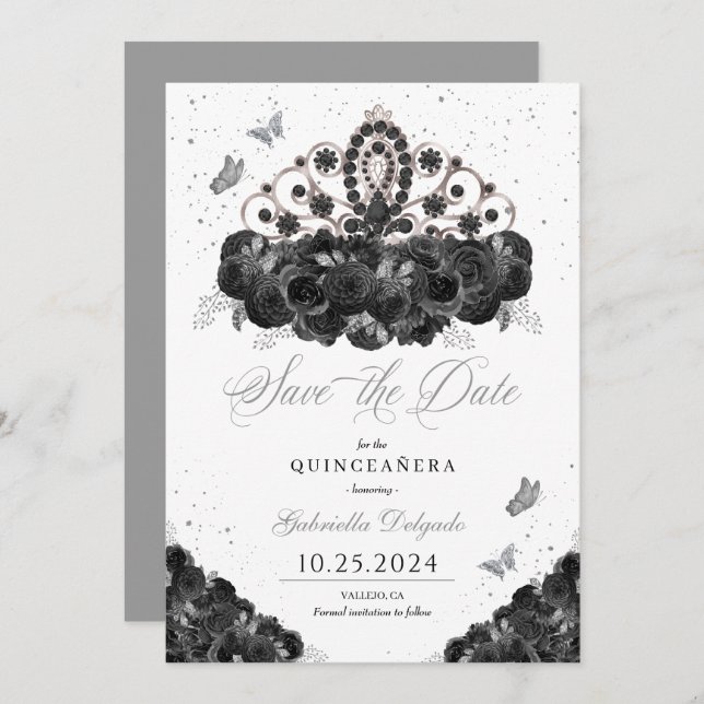 Black & Silver Tiara Save The Date Quinceañera Invitation (Front/Back)